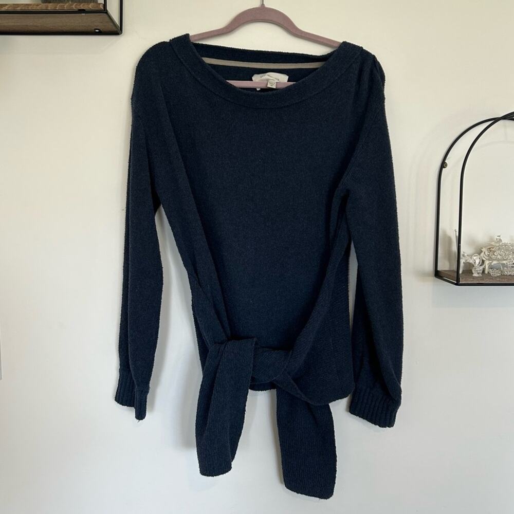 Brochu Walker Navy Blue Teddy Long Sleeve Crew Neck Tie Waist Sweater Blouse Med